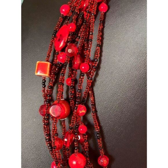 Esmor Lamp Work Red Glass/Wood Bead Multistrand Necklace Set, Stamped - Picture 3 of 5